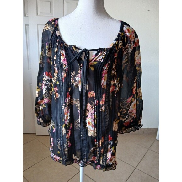 BILA Women's Boho Black Floral Print 3/4 Sleeve Sheer Blouse Bohemian Medium - Picture 1 of 16